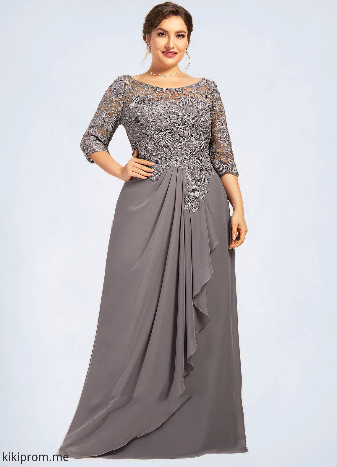 Cara A-Line Scoop Neck Floor-Length Chiffon Lace Mother of the Bride Dress With Cascading Ruffles STF126P0014608