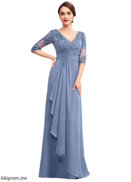 Raina A-Line V-neck Floor-Length Chiffon Lace Mother of the Bride Dress With Cascading Ruffles STF126P0014609