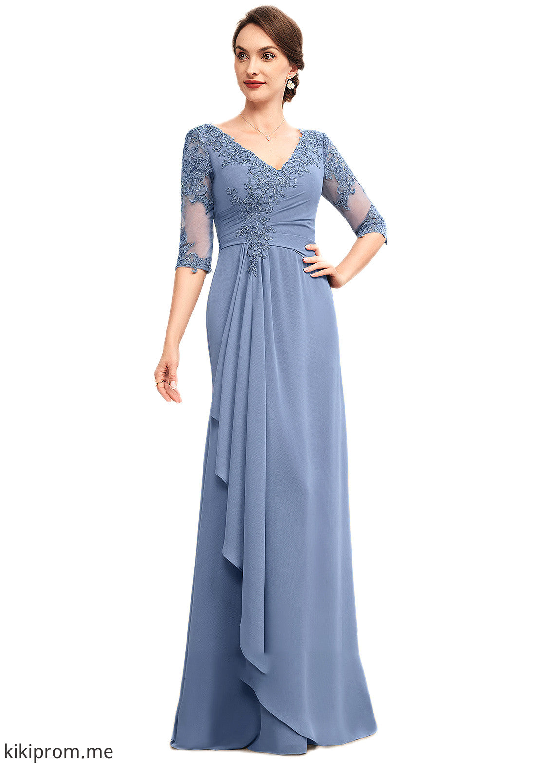 Raina A-Line V-neck Floor-Length Chiffon Lace Mother of the Bride Dress With Cascading Ruffles STF126P0014609