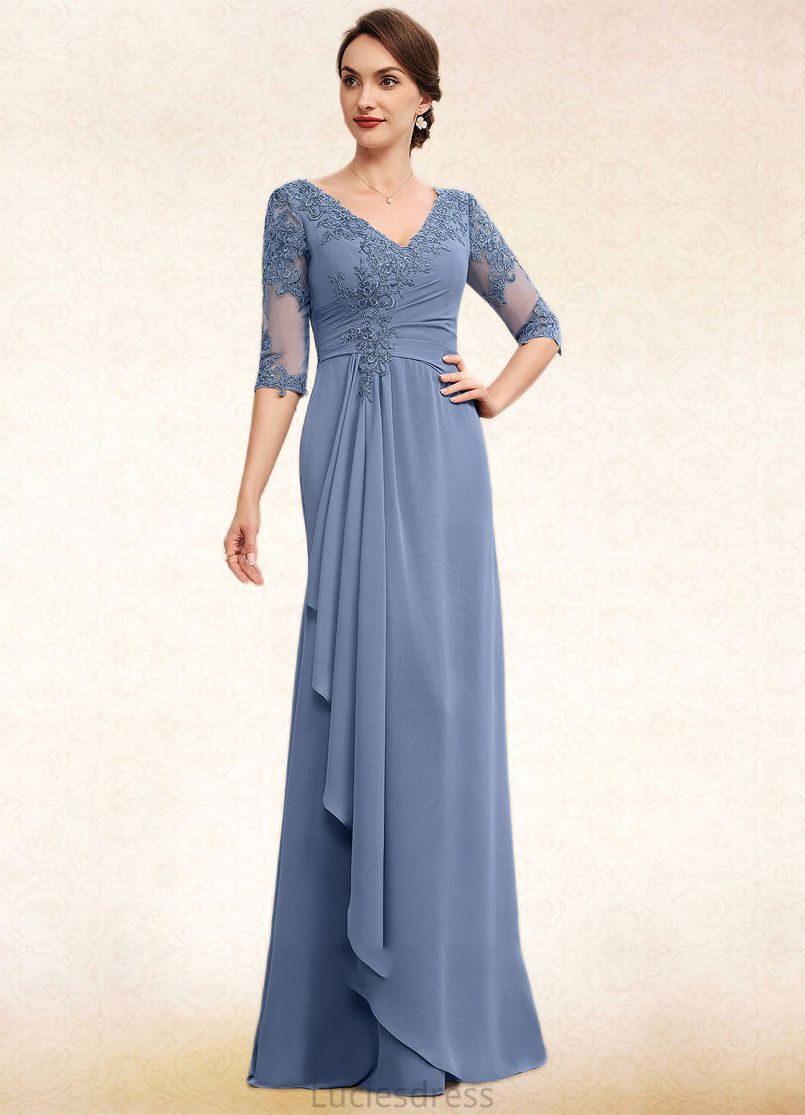 Cassandra A-Line V-neck Floor-Length Chiffon Lace Mother of the Bride Dress With Cascading Ruffles HF126P0014609