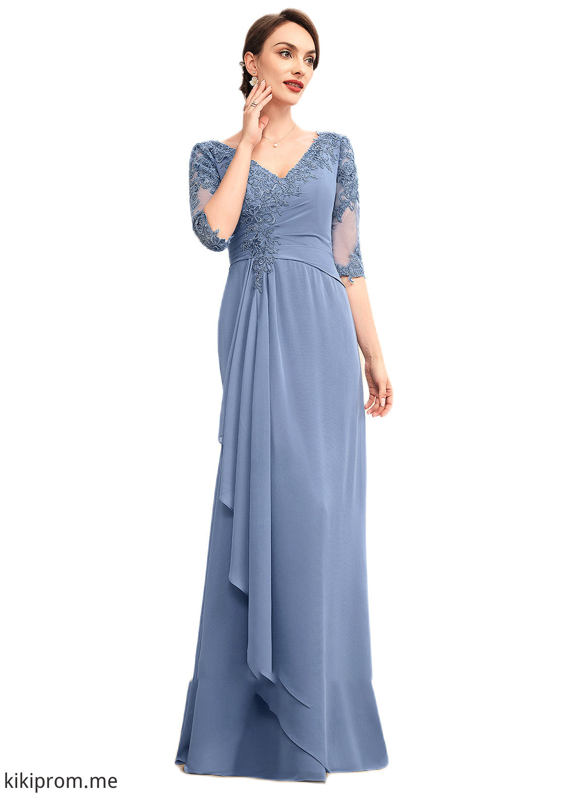 Raina A-Line V-neck Floor-Length Chiffon Lace Mother of the Bride Dress With Cascading Ruffles STF126P0014609