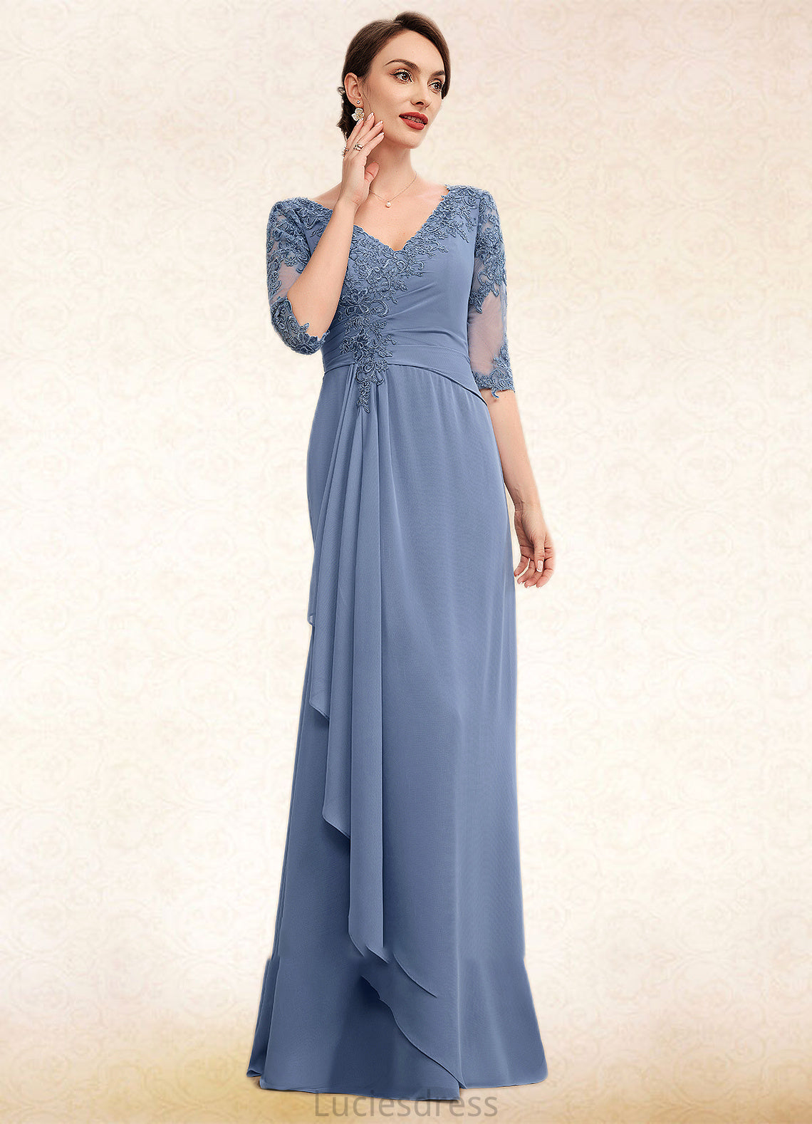 Cassandra A-Line V-neck Floor-Length Chiffon Lace Mother of the Bride Dress With Cascading Ruffles HF126P0014609