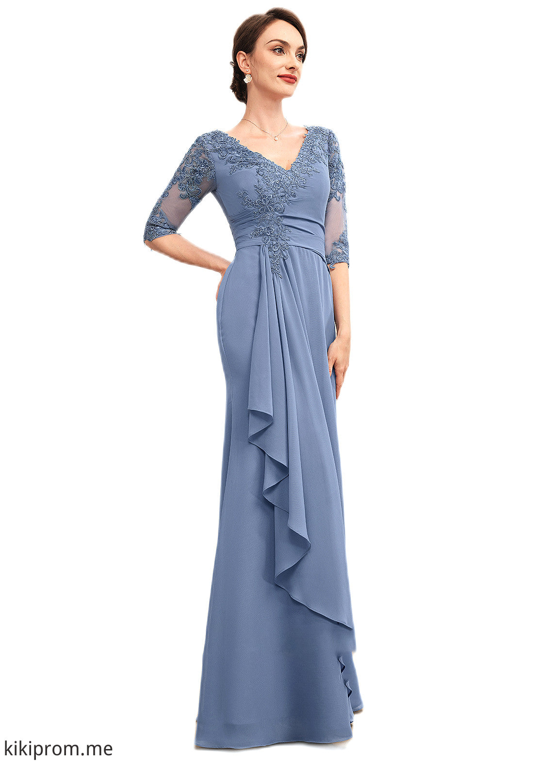 Raina A-Line V-neck Floor-Length Chiffon Lace Mother of the Bride Dress With Cascading Ruffles STF126P0014609