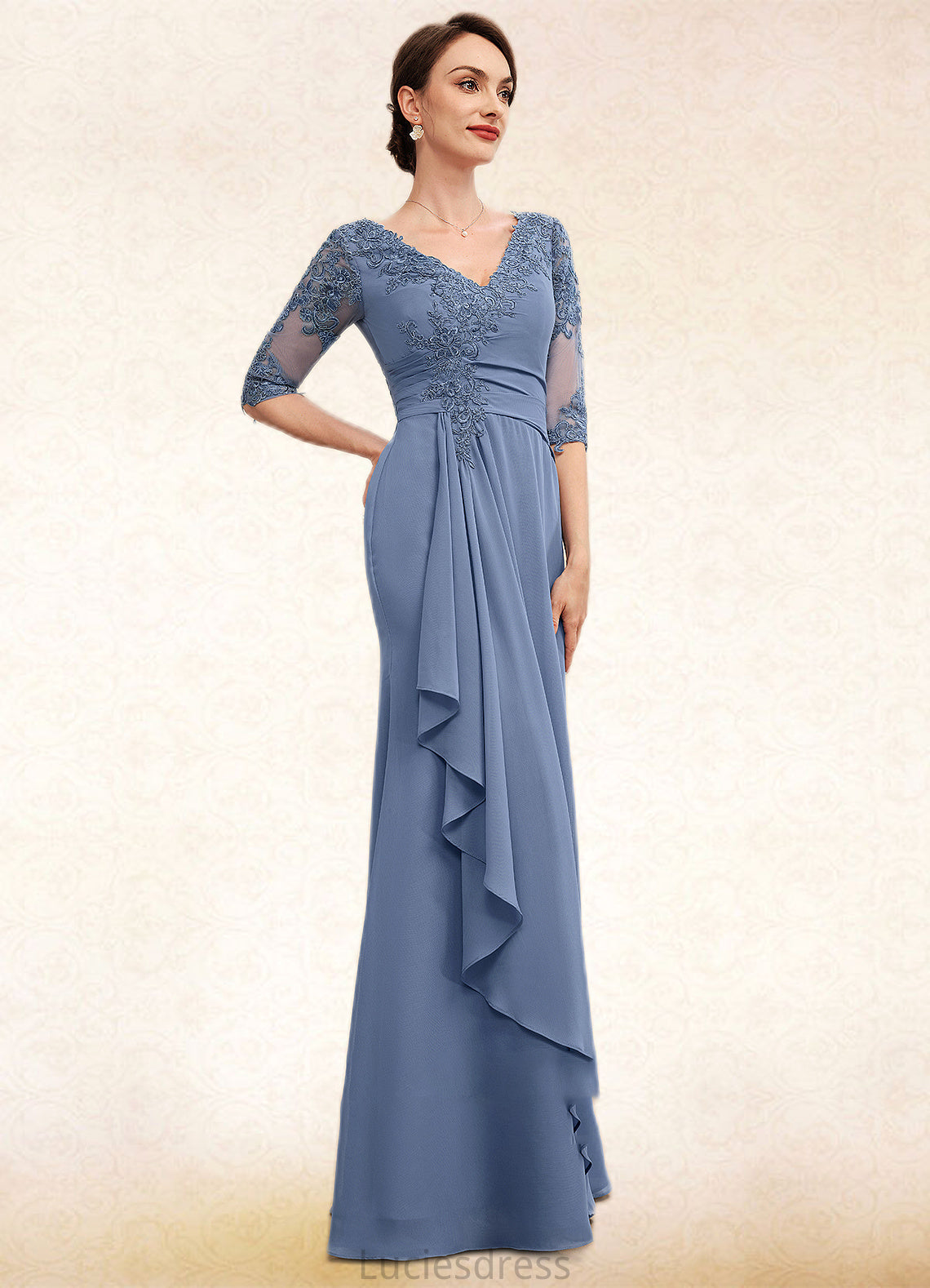 Cassandra A-Line V-neck Floor-Length Chiffon Lace Mother of the Bride Dress With Cascading Ruffles HF126P0014609