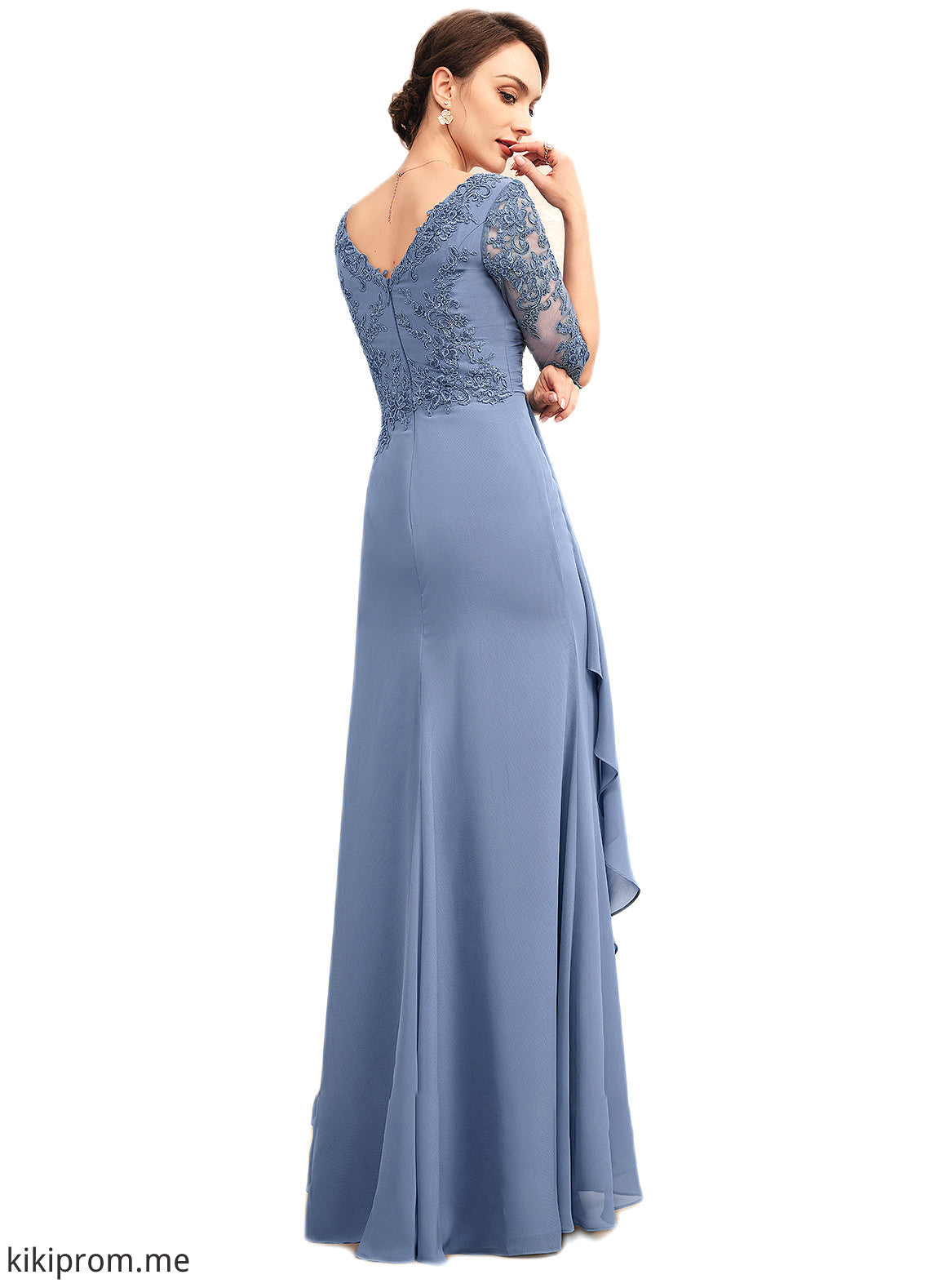 Raina A-Line V-neck Floor-Length Chiffon Lace Mother of the Bride Dress With Cascading Ruffles STF126P0014609