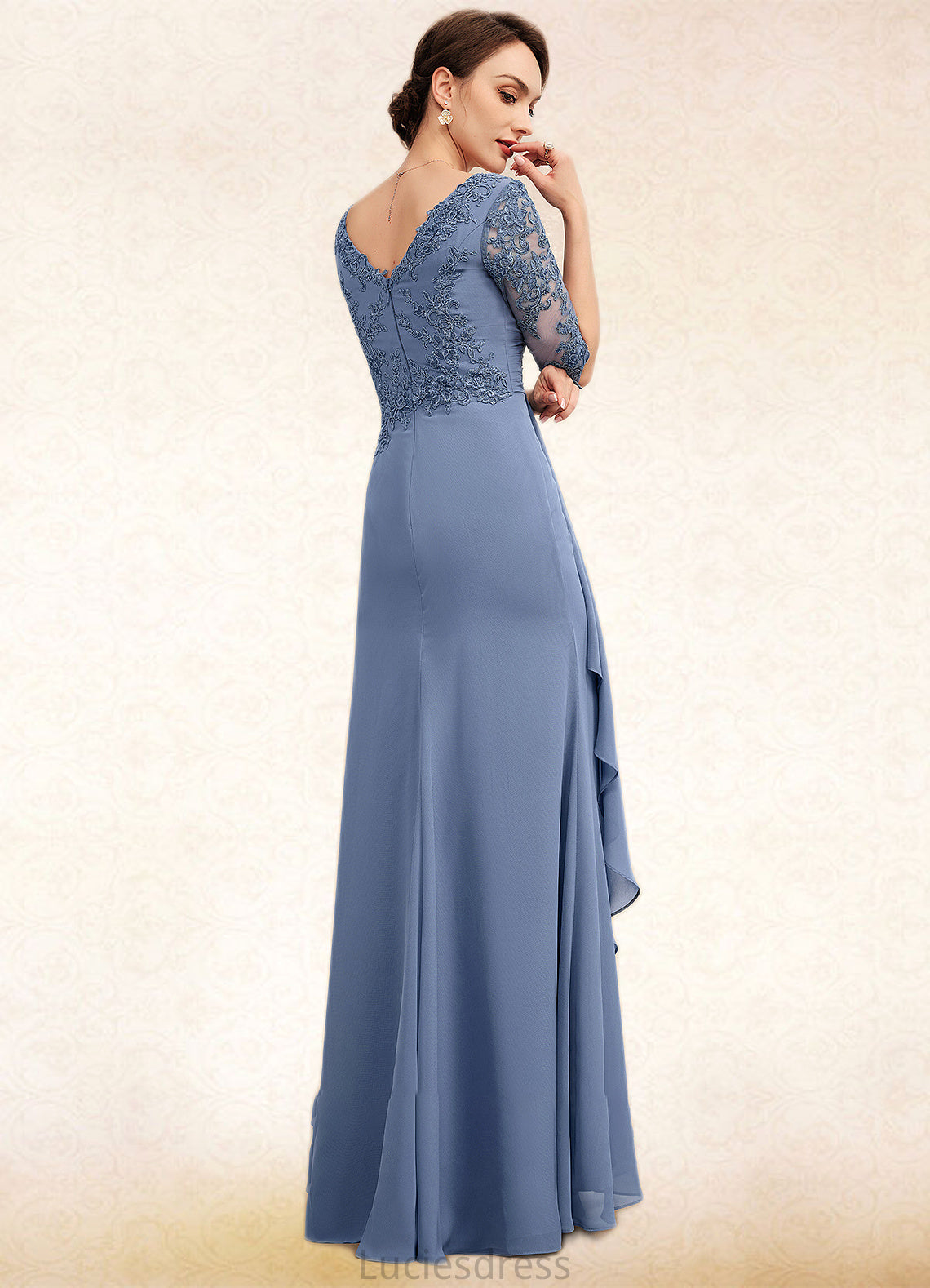 Cassandra A-Line V-neck Floor-Length Chiffon Lace Mother of the Bride Dress With Cascading Ruffles HF126P0014609