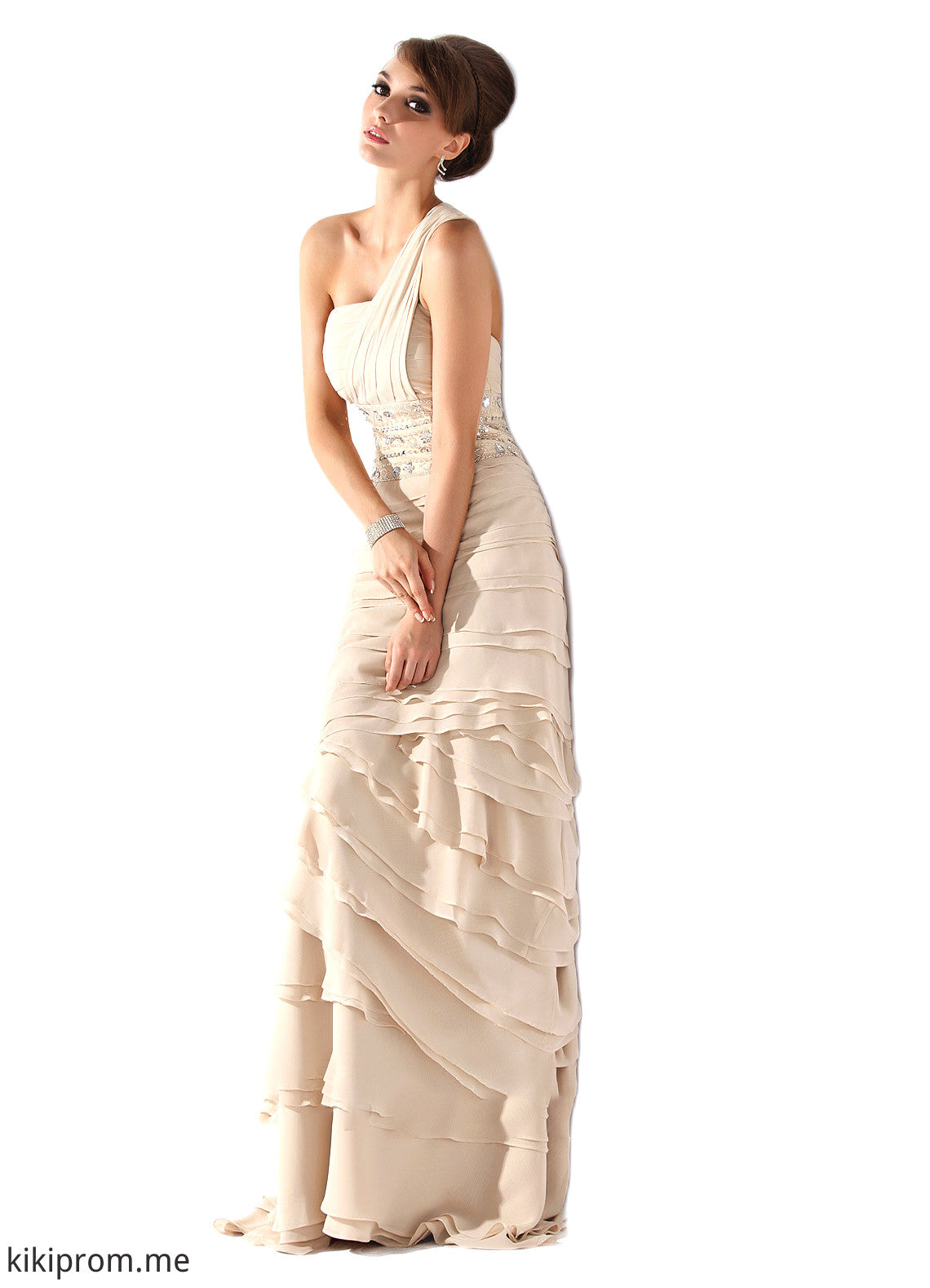 Reagan A-Line One-Shoulder Sweep Train Chiffon Mother of the Bride Dress With Beading Cascading Ruffles STF126P0014610