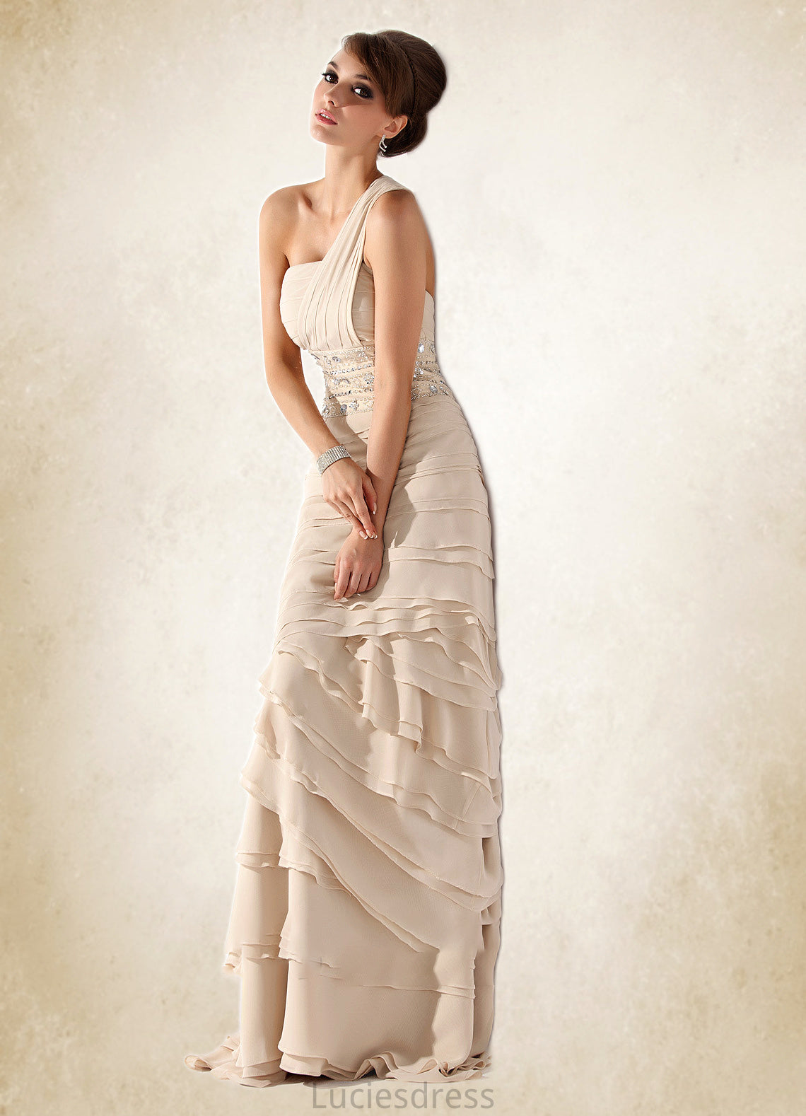 Alula A-Line One-Shoulder Sweep Train Chiffon Mother of the Bride Dress With Beading Cascading Ruffles HF126P0014610