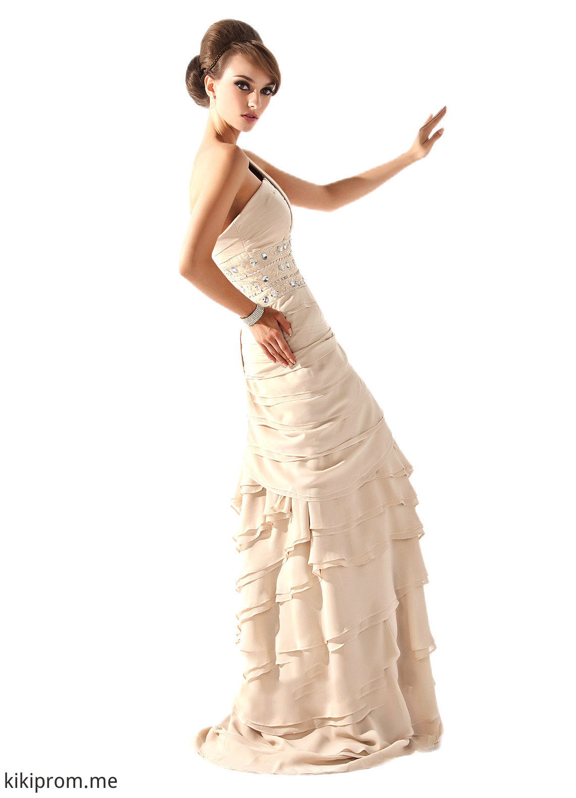 Reagan A-Line One-Shoulder Sweep Train Chiffon Mother of the Bride Dress With Beading Cascading Ruffles STF126P0014610