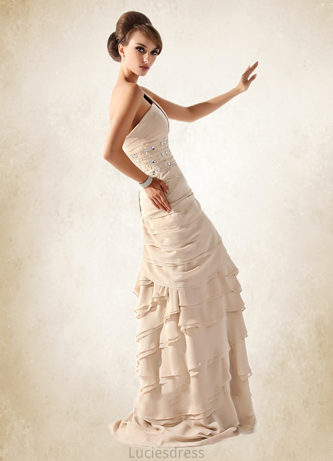 Alula A-Line One-Shoulder Sweep Train Chiffon Mother of the Bride Dress With Beading Cascading Ruffles HF126P0014610