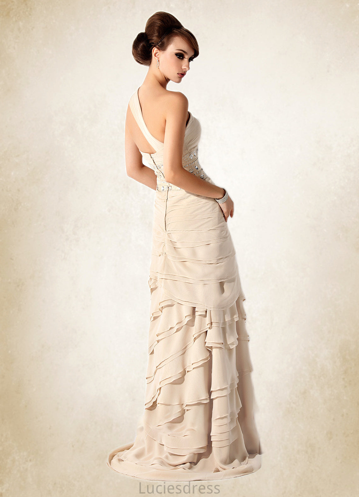 Alula A-Line One-Shoulder Sweep Train Chiffon Mother of the Bride Dress With Beading Cascading Ruffles HF126P0014610