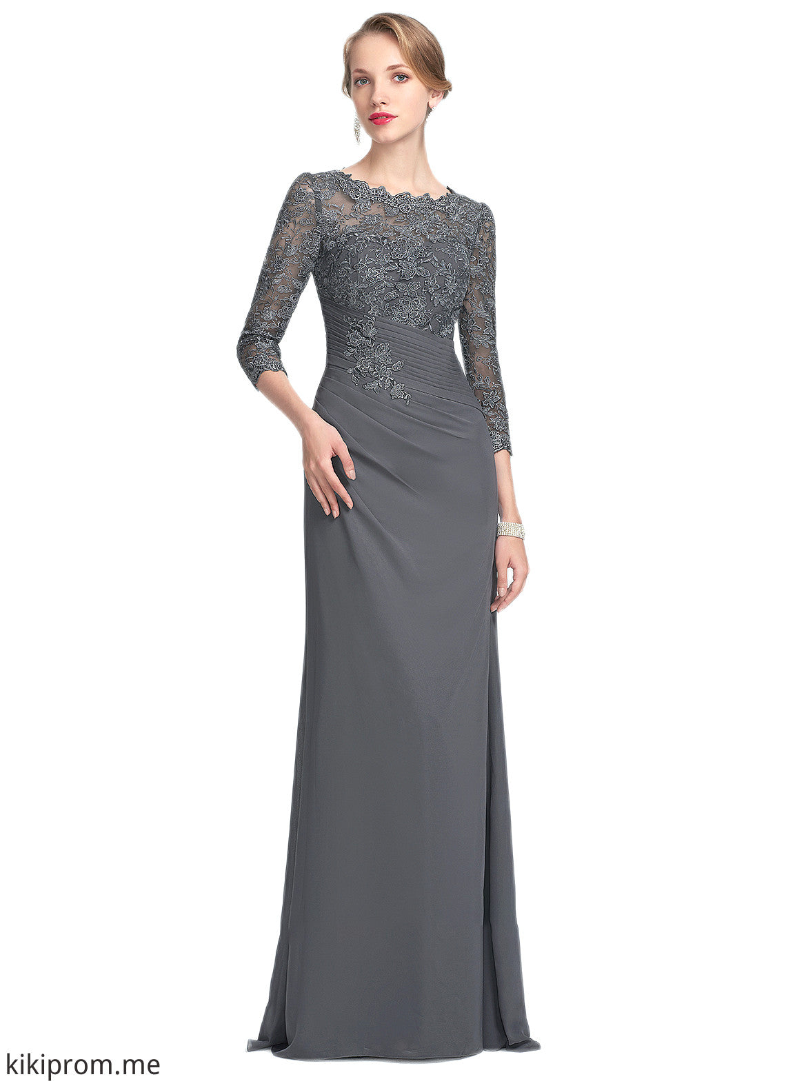 Savannah Sheath/Column Scoop Neck Floor-Length Chiffon Lace Mother of the Bride Dress With Ruffle STF126P0014611