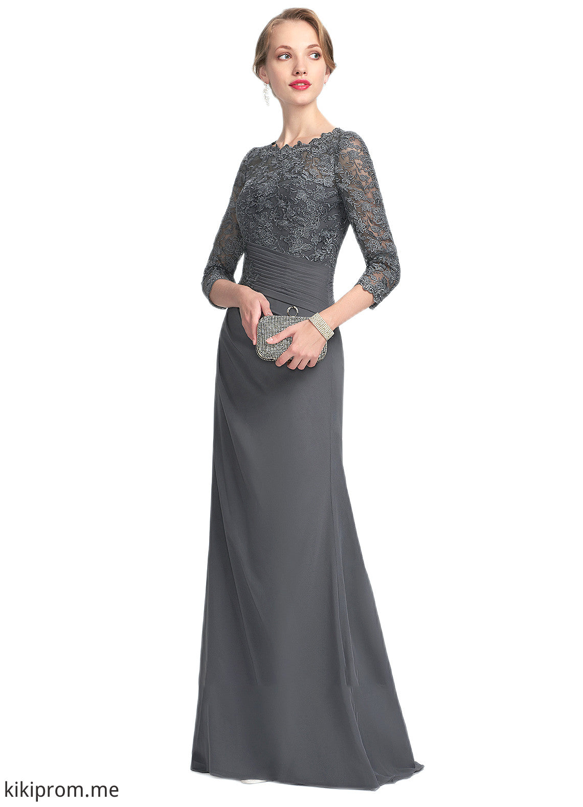 Savannah Sheath/Column Scoop Neck Floor-Length Chiffon Lace Mother of the Bride Dress With Ruffle STF126P0014611