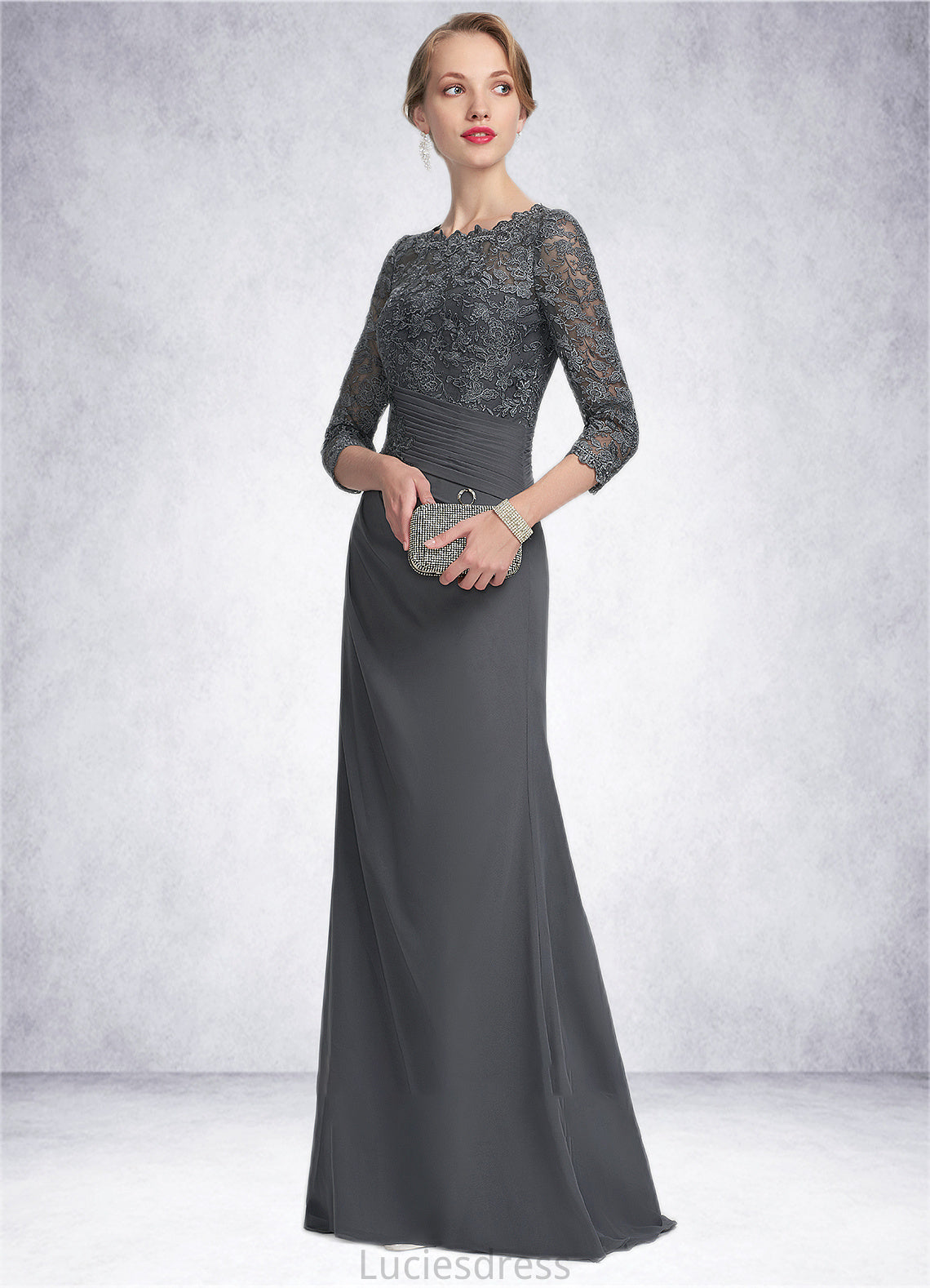 Alessandra Sheath/Column Scoop Neck Floor-Length Chiffon Lace Mother of the Bride Dress With Ruffle HF126P0014611