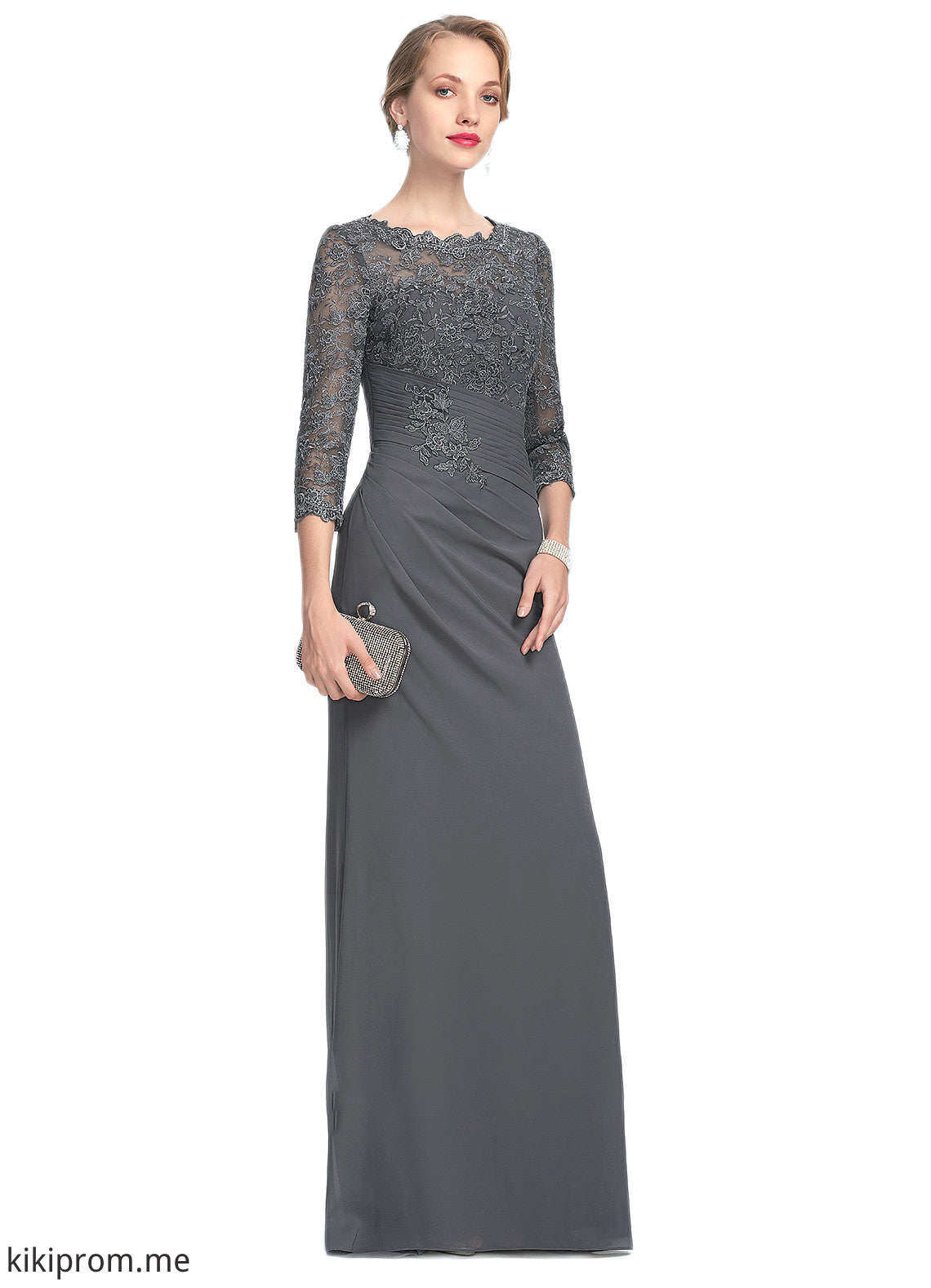 Savannah Sheath/Column Scoop Neck Floor-Length Chiffon Lace Mother of the Bride Dress With Ruffle STF126P0014611