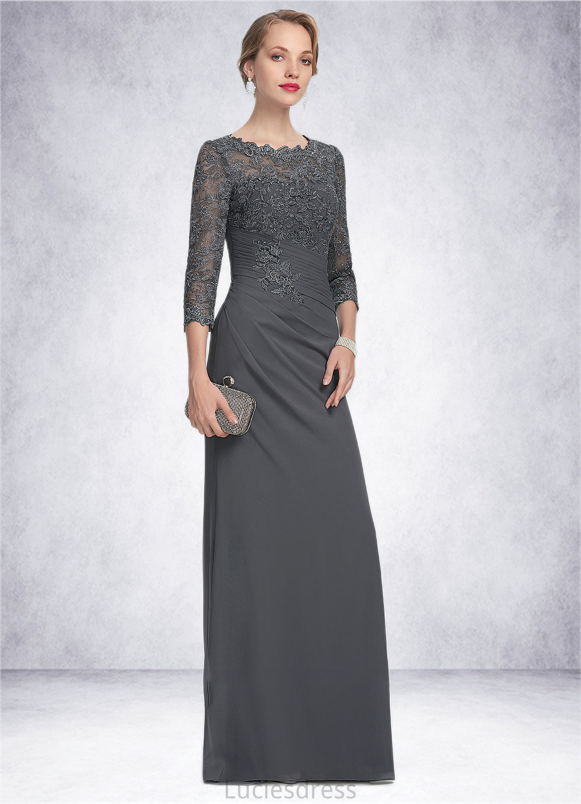 Alessandra Sheath/Column Scoop Neck Floor-Length Chiffon Lace Mother of the Bride Dress With Ruffle HF126P0014611