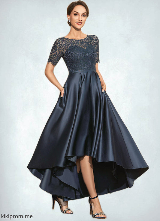 Erica A-Line Scoop Neck Asymmetrical Satin Lace Mother of the Bride Dress With Pockets STF126P0014613