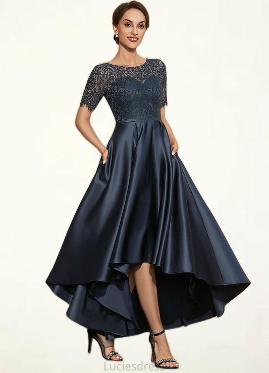 Andrea A-Line Scoop Neck Asymmetrical Satin Lace Mother of the Bride Dress With Pockets HF126P0014613