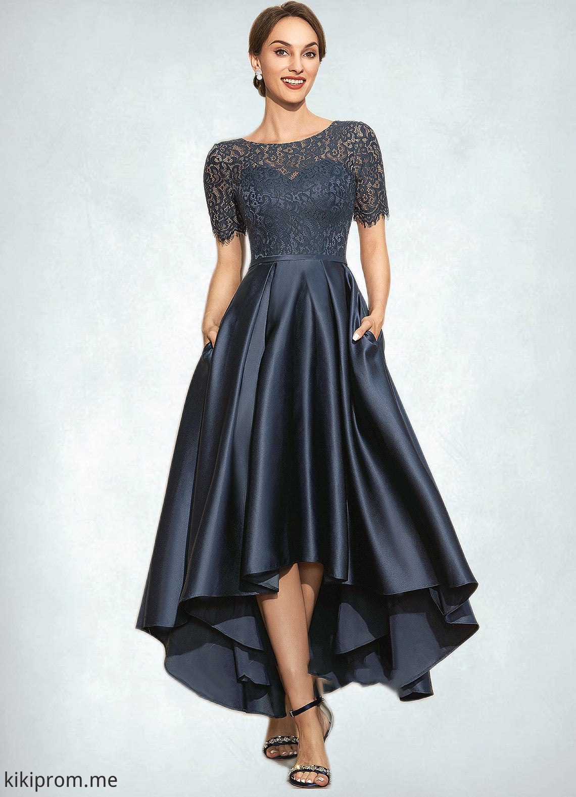 Erica A-Line Scoop Neck Asymmetrical Satin Lace Mother of the Bride Dress With Pockets STF126P0014613