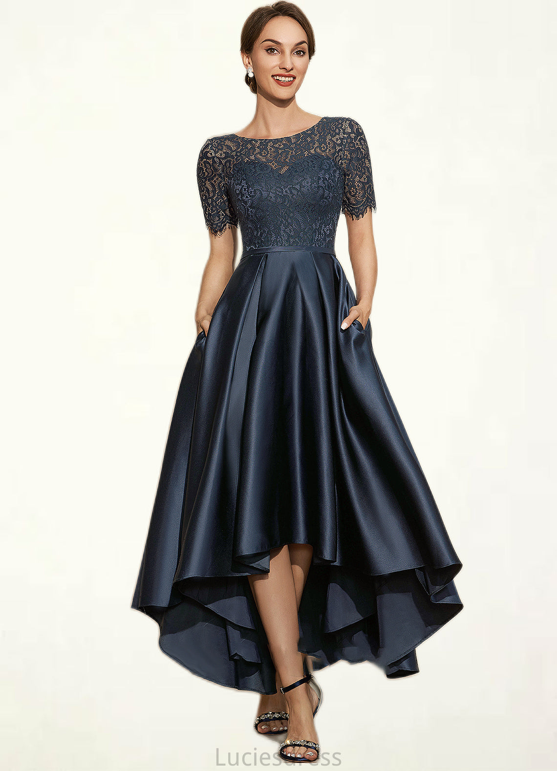 Andrea A-Line Scoop Neck Asymmetrical Satin Lace Mother of the Bride Dress With Pockets HF126P0014613