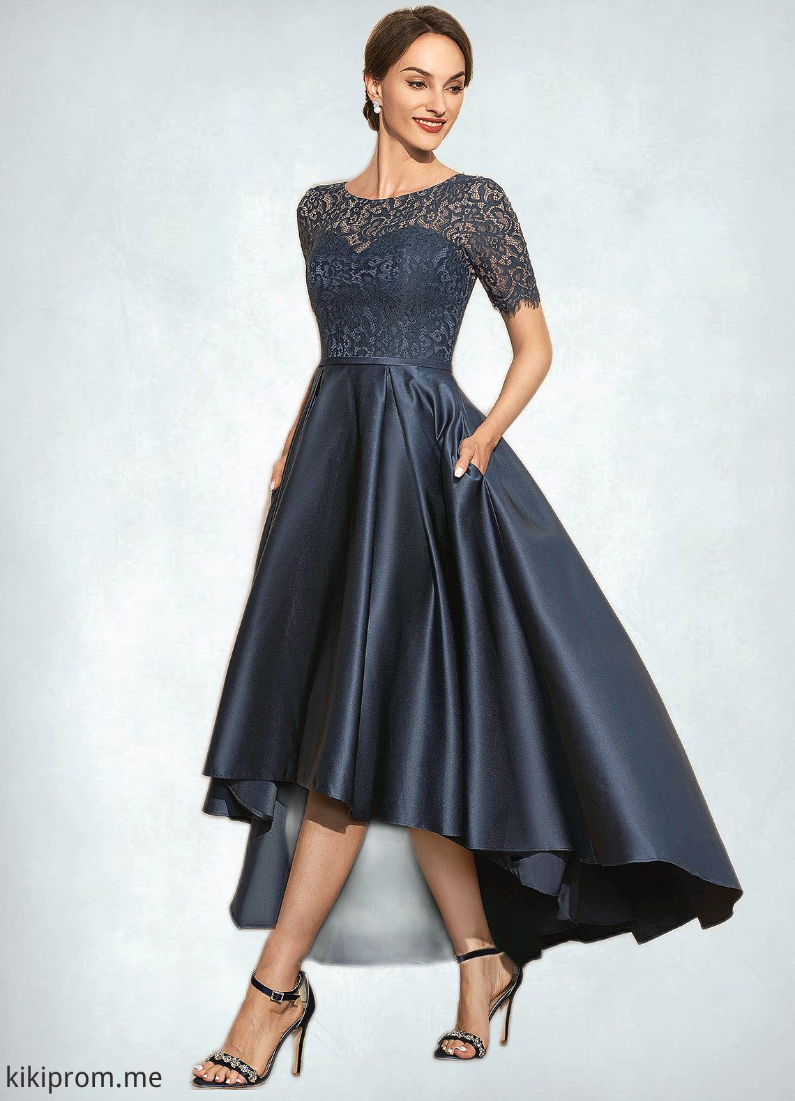 Erica A-Line Scoop Neck Asymmetrical Satin Lace Mother of the Bride Dress With Pockets STF126P0014613