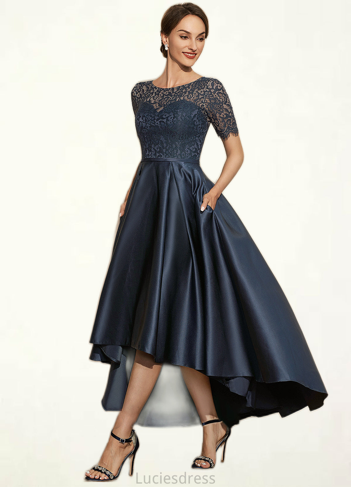 Andrea A-Line Scoop Neck Asymmetrical Satin Lace Mother of the Bride Dress With Pockets HF126P0014613