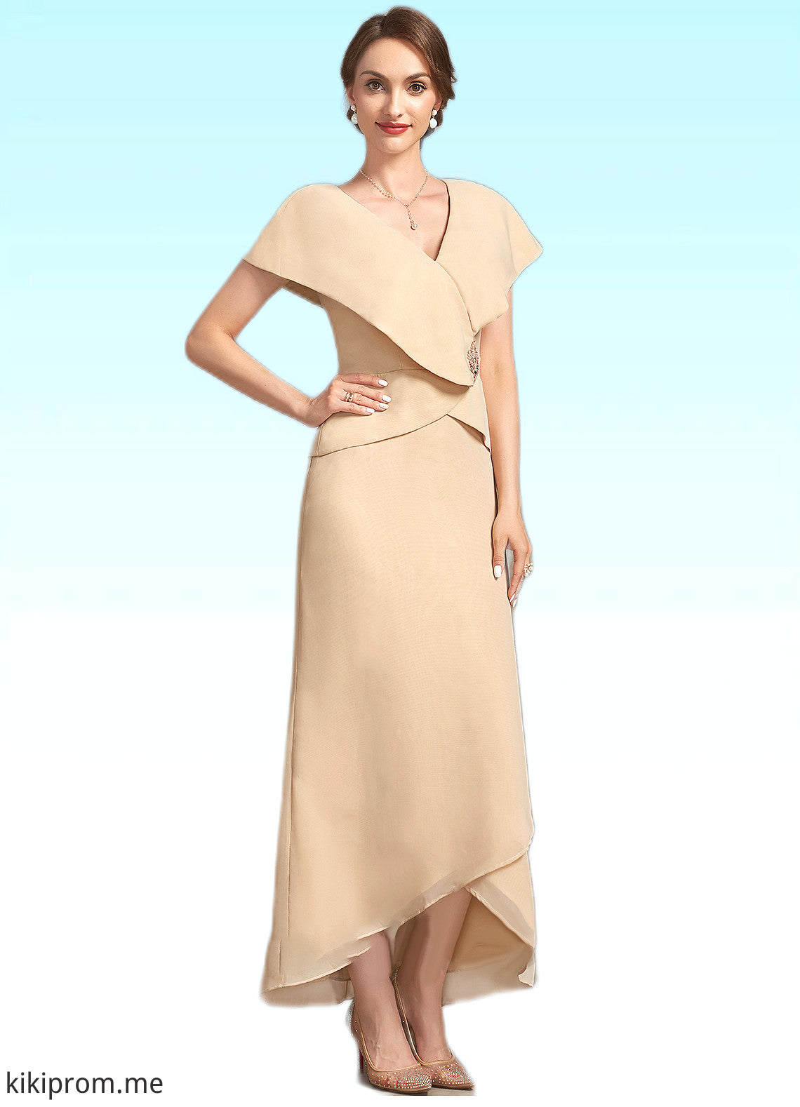 Kenna A-line V-Neck Asymmetrical Chiffon Mother of the Bride Dress With Beading Sequins STF126P0014615