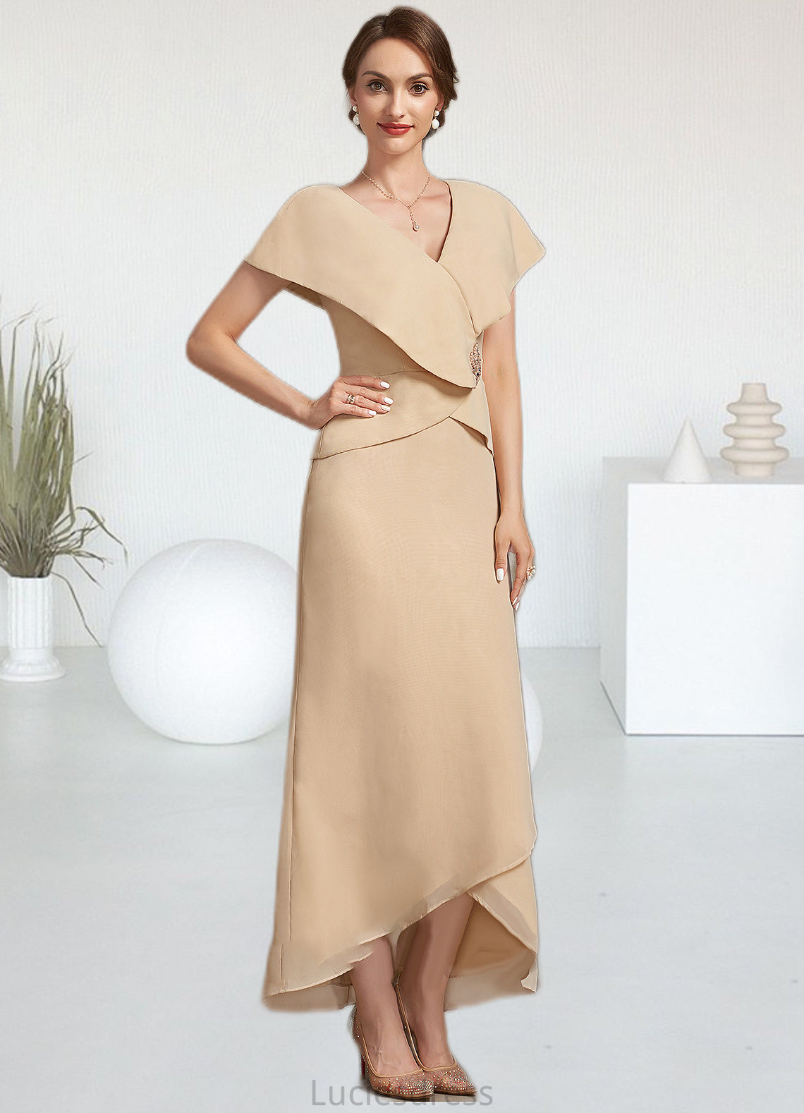 Shelby A-line V-Neck Asymmetrical Chiffon Mother of the Bride Dress With Beading Sequins HF126P0014615