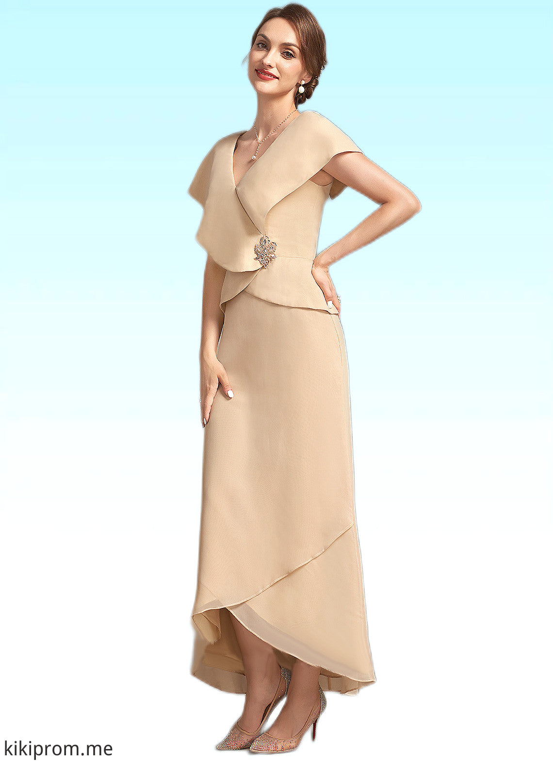 Kenna A-line V-Neck Asymmetrical Chiffon Mother of the Bride Dress With Beading Sequins STF126P0014615