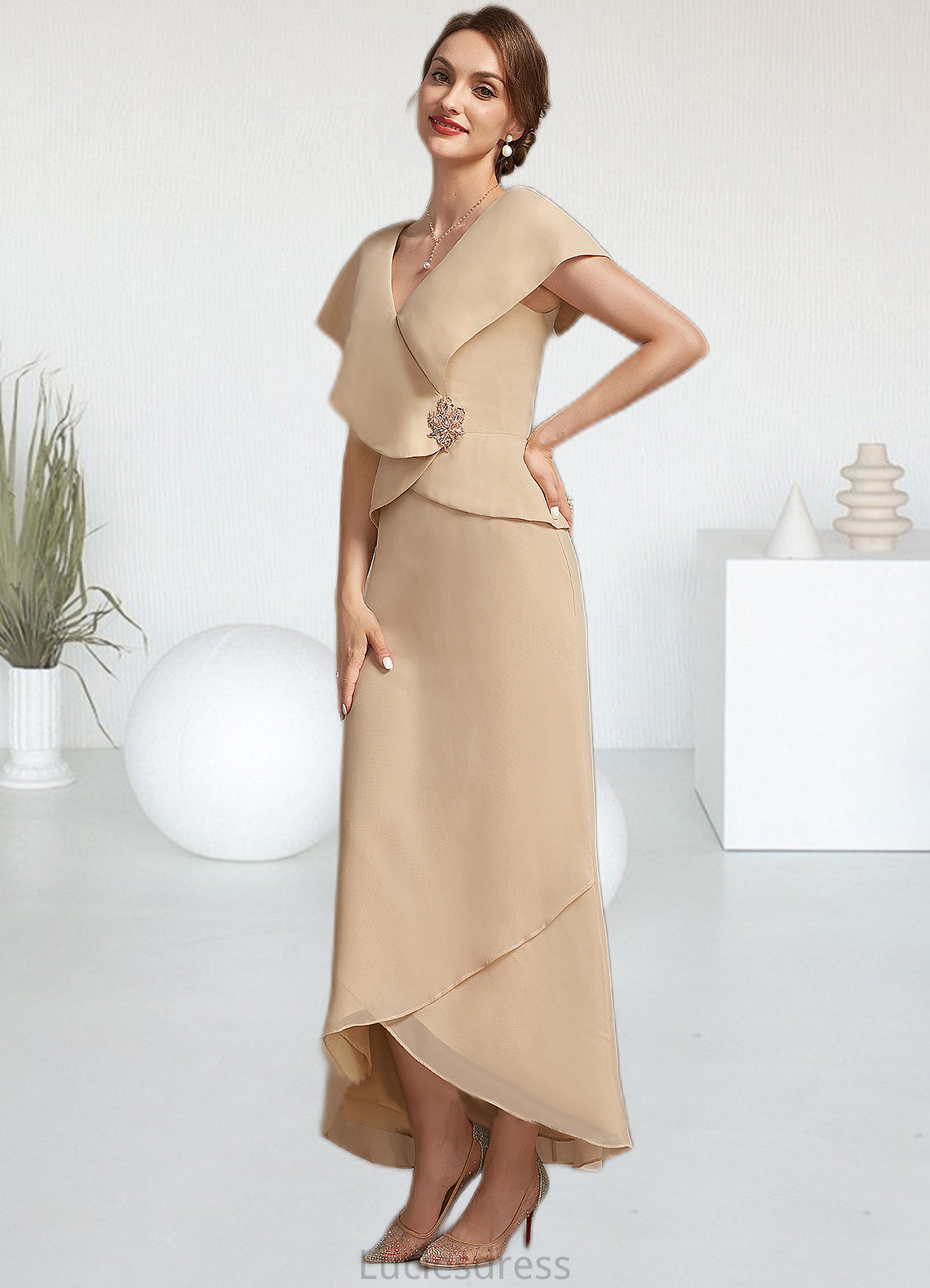 Shelby A-line V-Neck Asymmetrical Chiffon Mother of the Bride Dress With Beading Sequins HF126P0014615