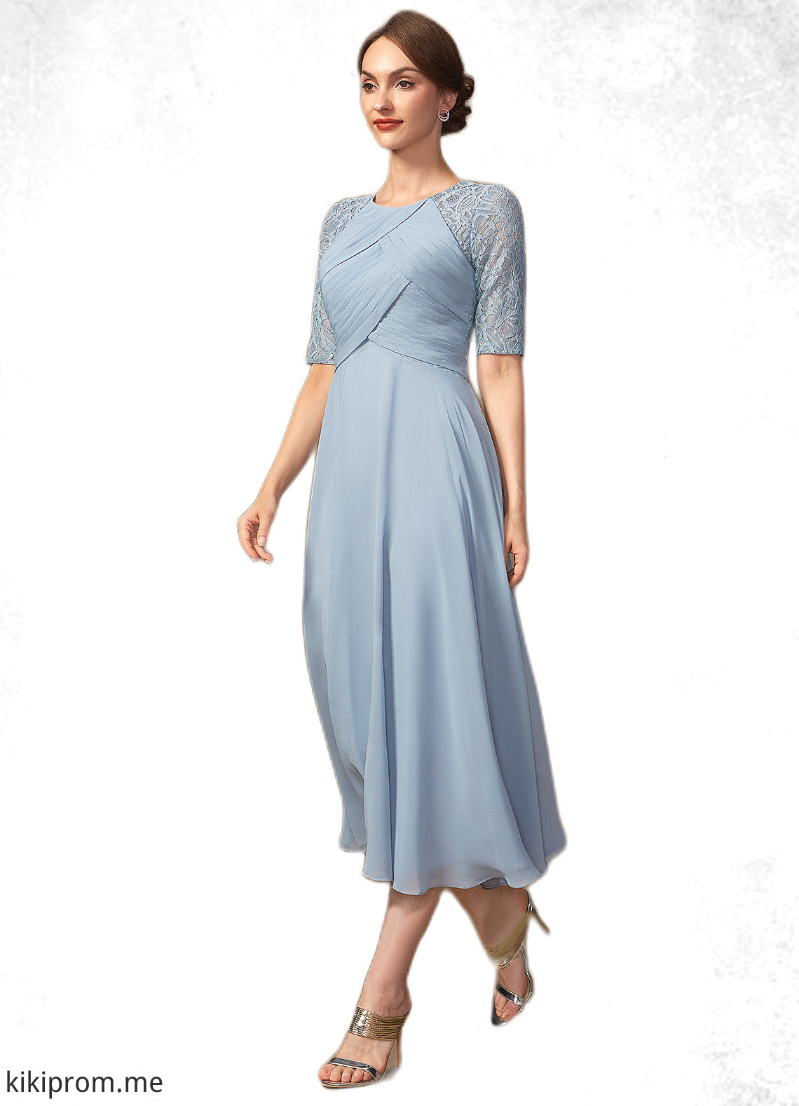 Paisley A-Line Scoop Neck Tea-Length Chiffon Lace Mother of the Bride Dress With Ruffle STF126P0014616