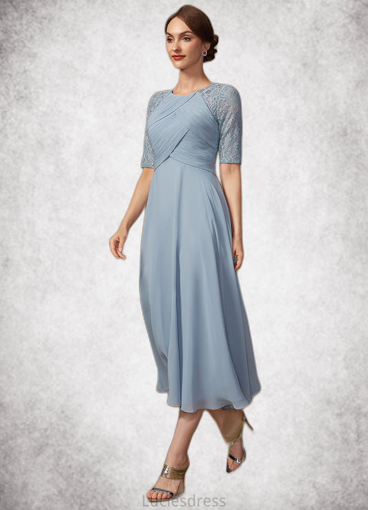 Aurora A-Line Scoop Neck Tea-Length Chiffon Lace Mother of the Bride Dress With Ruffle HF126P0014616