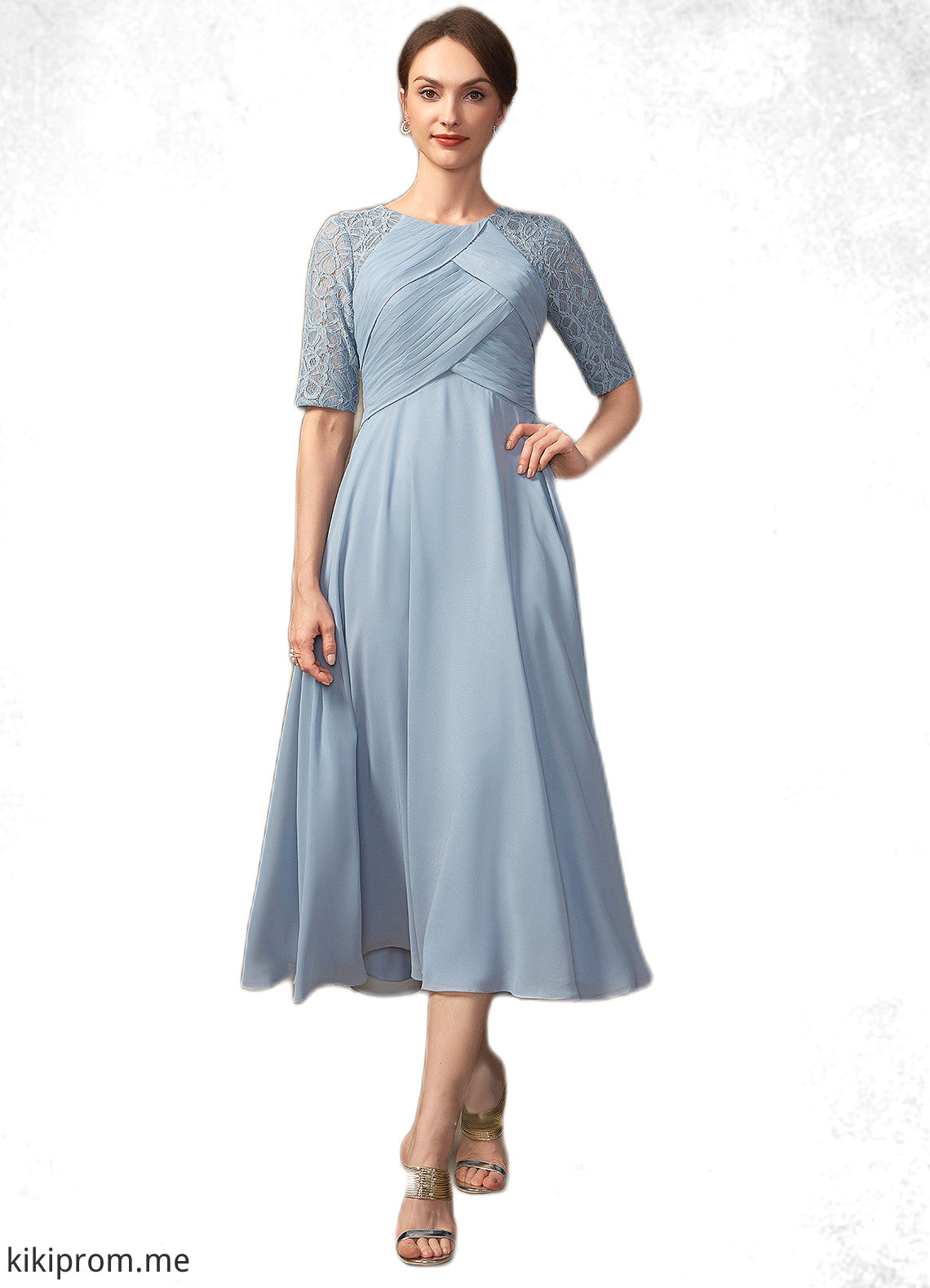 Paisley A-Line Scoop Neck Tea-Length Chiffon Lace Mother of the Bride Dress With Ruffle STF126P0014616