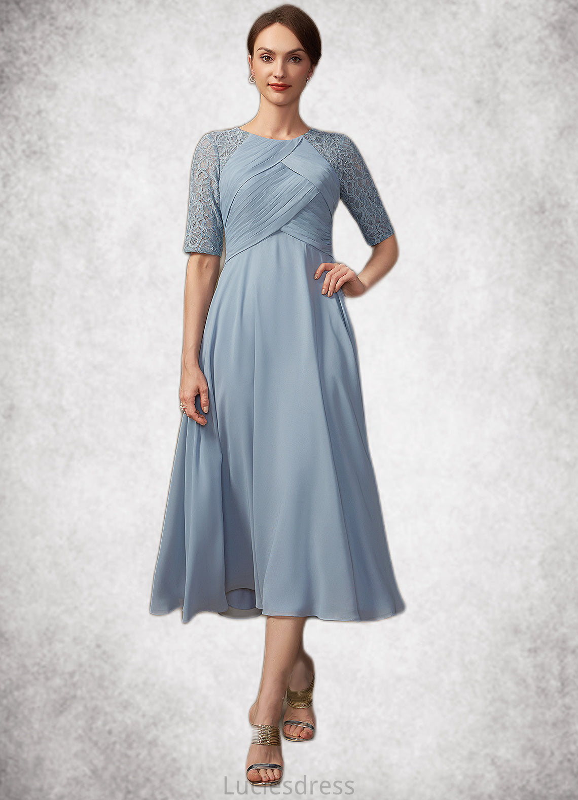 Aurora A-Line Scoop Neck Tea-Length Chiffon Lace Mother of the Bride Dress With Ruffle HF126P0014616