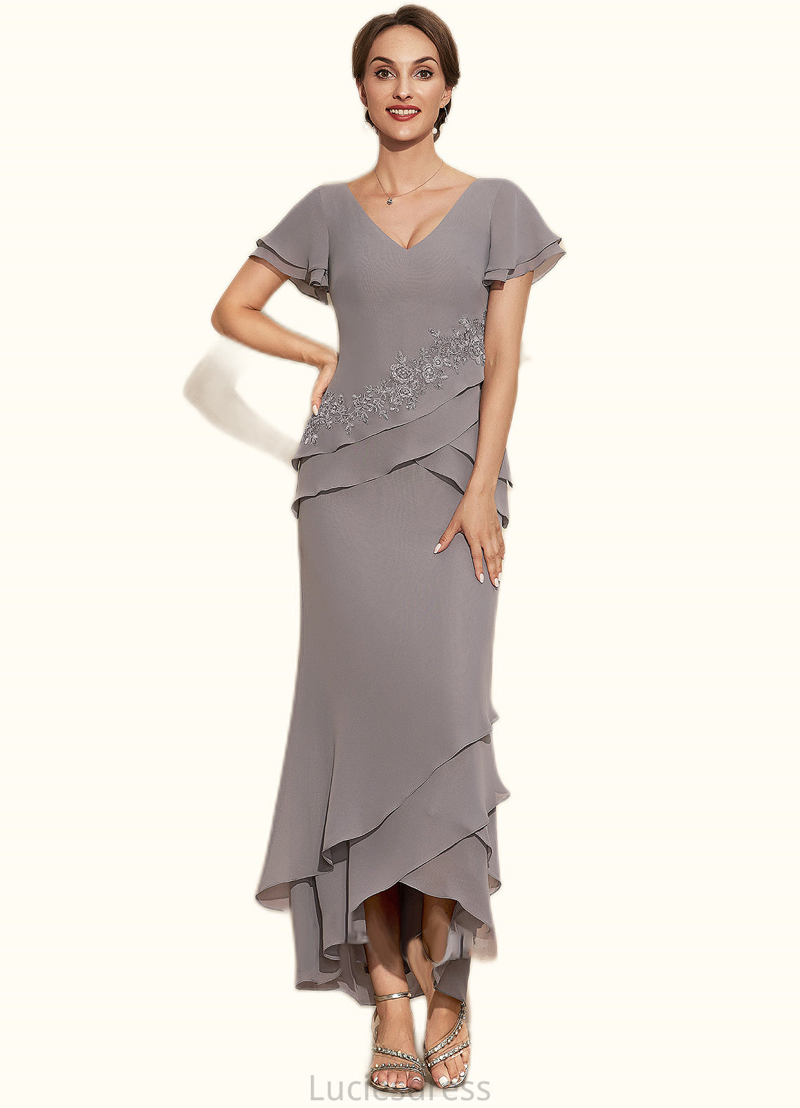 Braelyn Sheath/Column V-neck Asymmetrical Chiffon Mother of the Bride Dress With Appliques Lace Cascading Ruffles HF126P0014617