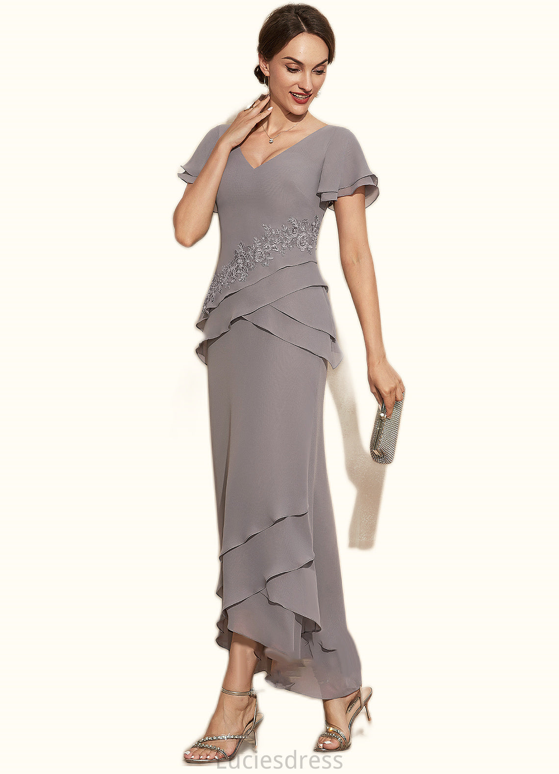 Braelyn Sheath/Column V-neck Asymmetrical Chiffon Mother of the Bride Dress With Appliques Lace Cascading Ruffles HF126P0014617