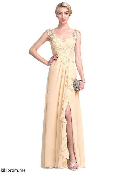 Nola A-Line V-neck Floor-Length Chiffon Lace Mother of the Bride Dress With Split Front Cascading Ruffles STF126P0014619