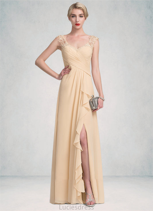 Carla A-Line V-neck Floor-Length Chiffon Lace Mother of the Bride Dress With Split Front Cascading Ruffles HF126P0014619