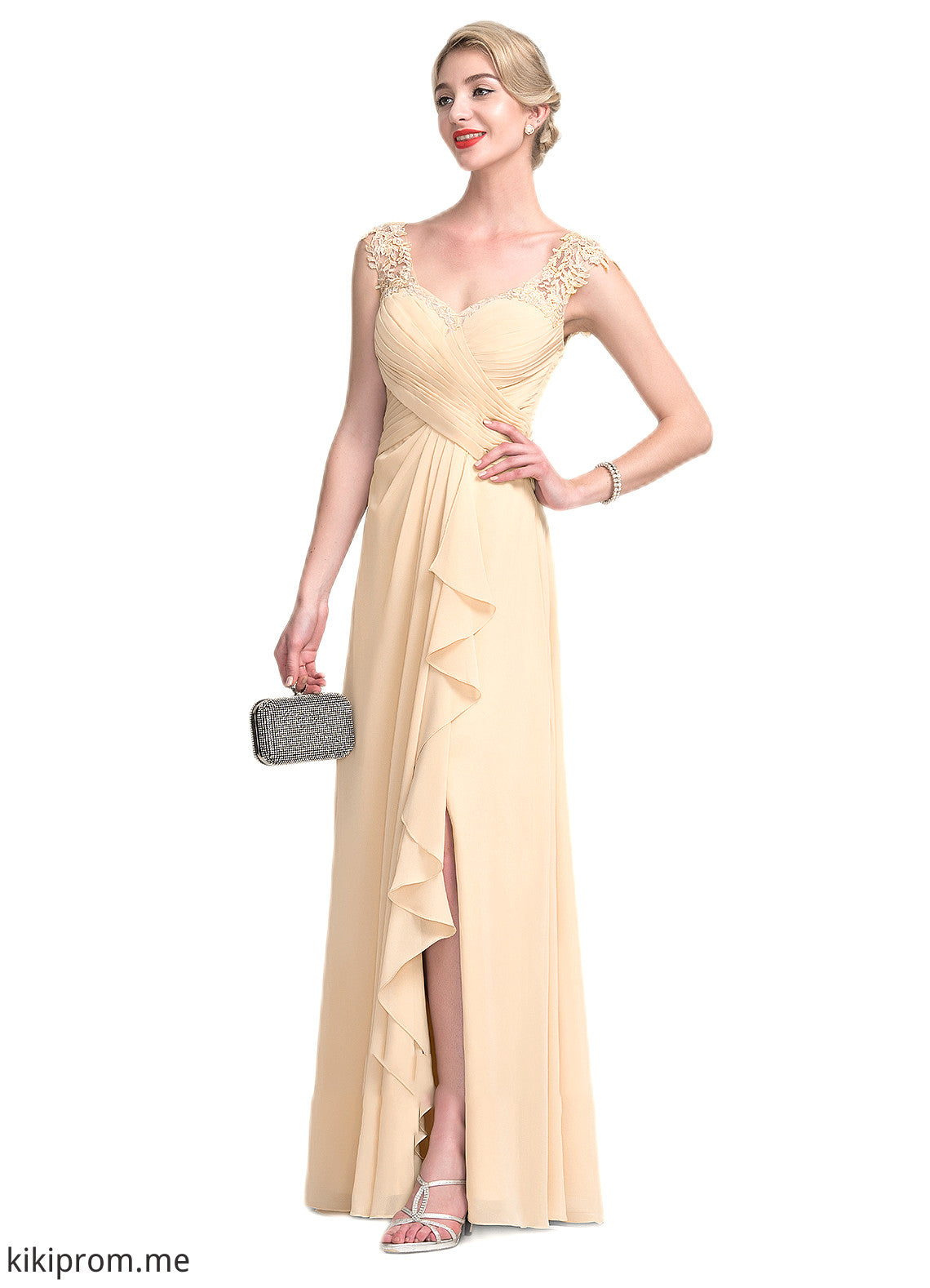 Nola A-Line V-neck Floor-Length Chiffon Lace Mother of the Bride Dress With Split Front Cascading Ruffles STF126P0014619