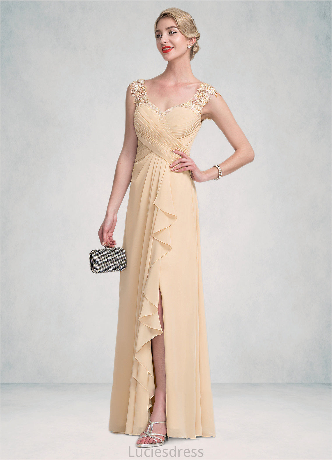 Carla A-Line V-neck Floor-Length Chiffon Lace Mother of the Bride Dress With Split Front Cascading Ruffles HF126P0014619