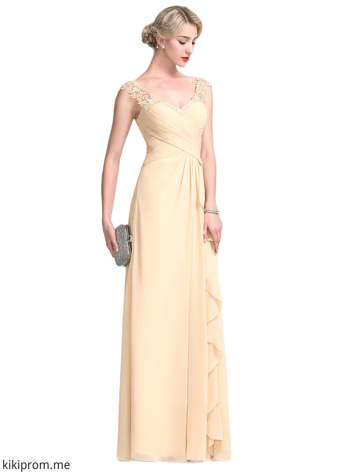 Nola A-Line V-neck Floor-Length Chiffon Lace Mother of the Bride Dress With Split Front Cascading Ruffles STF126P0014619