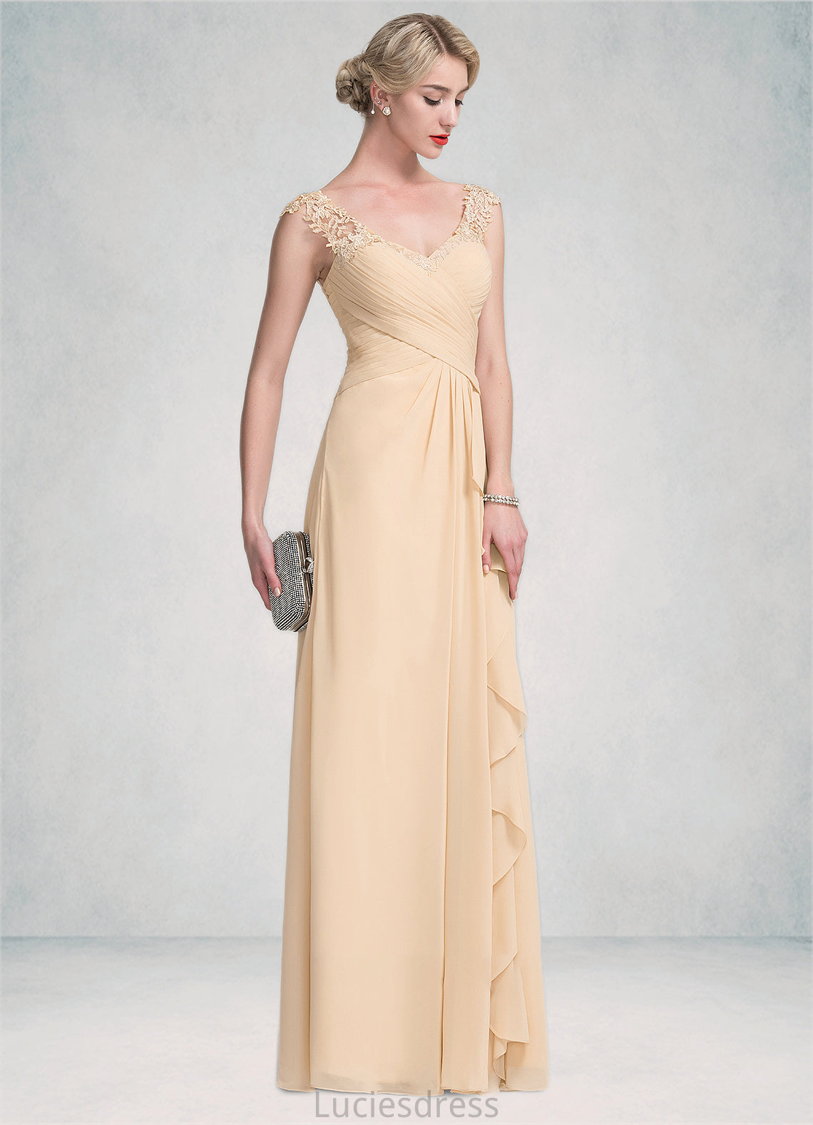 Carla A-Line V-neck Floor-Length Chiffon Lace Mother of the Bride Dress With Split Front Cascading Ruffles HF126P0014619