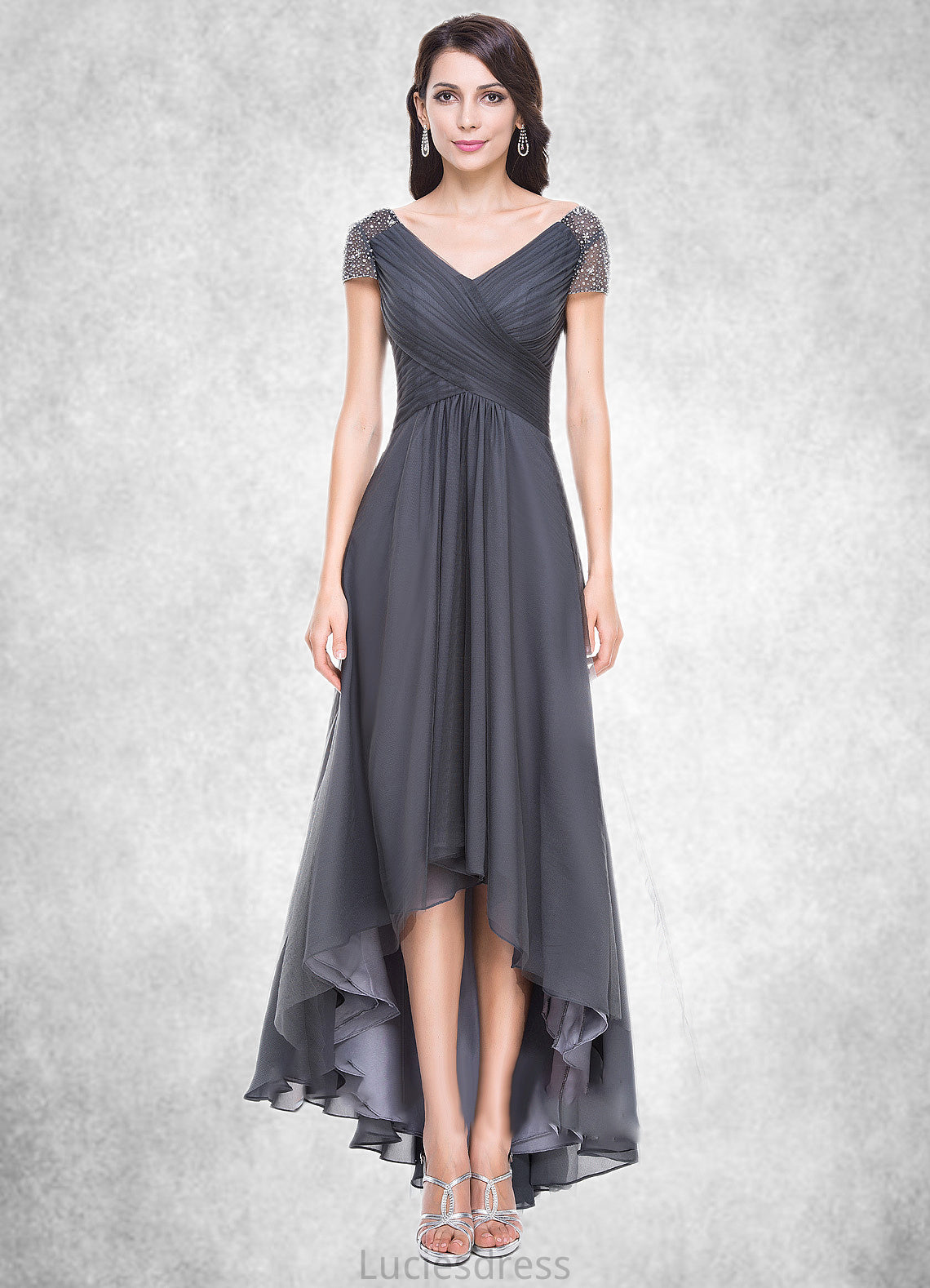 Mandy A-Line V-neck Asymmetrical Tulle Mother of the Bride Dress With Ruffle Beading Sequins HF126P0014620