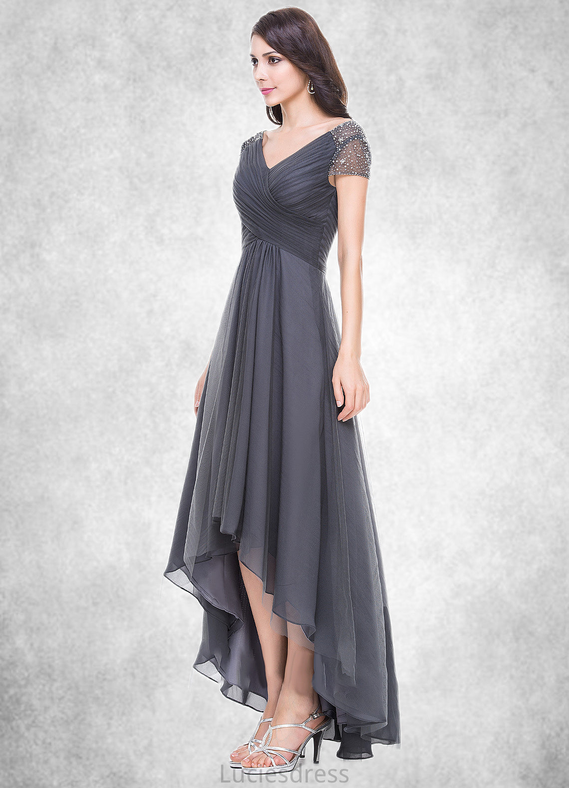 Mandy A-Line V-neck Asymmetrical Tulle Mother of the Bride Dress With Ruffle Beading Sequins HF126P0014620