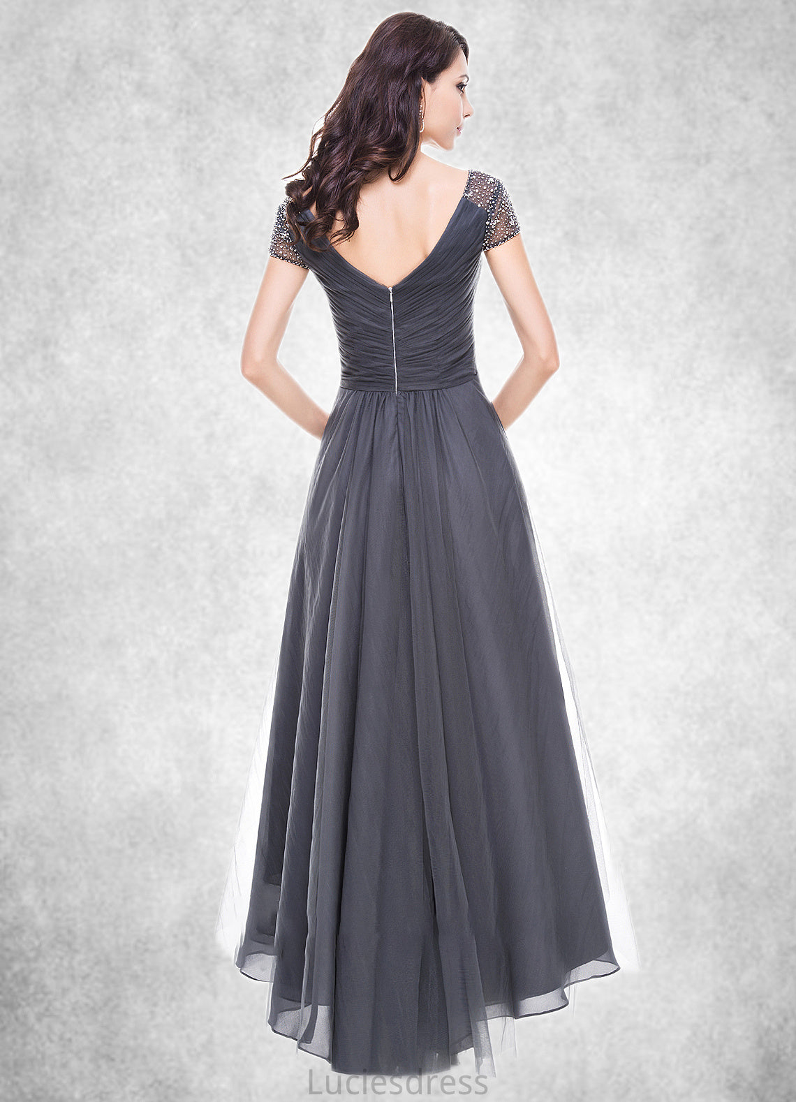 Mandy A-Line V-neck Asymmetrical Tulle Mother of the Bride Dress With Ruffle Beading Sequins HF126P0014620