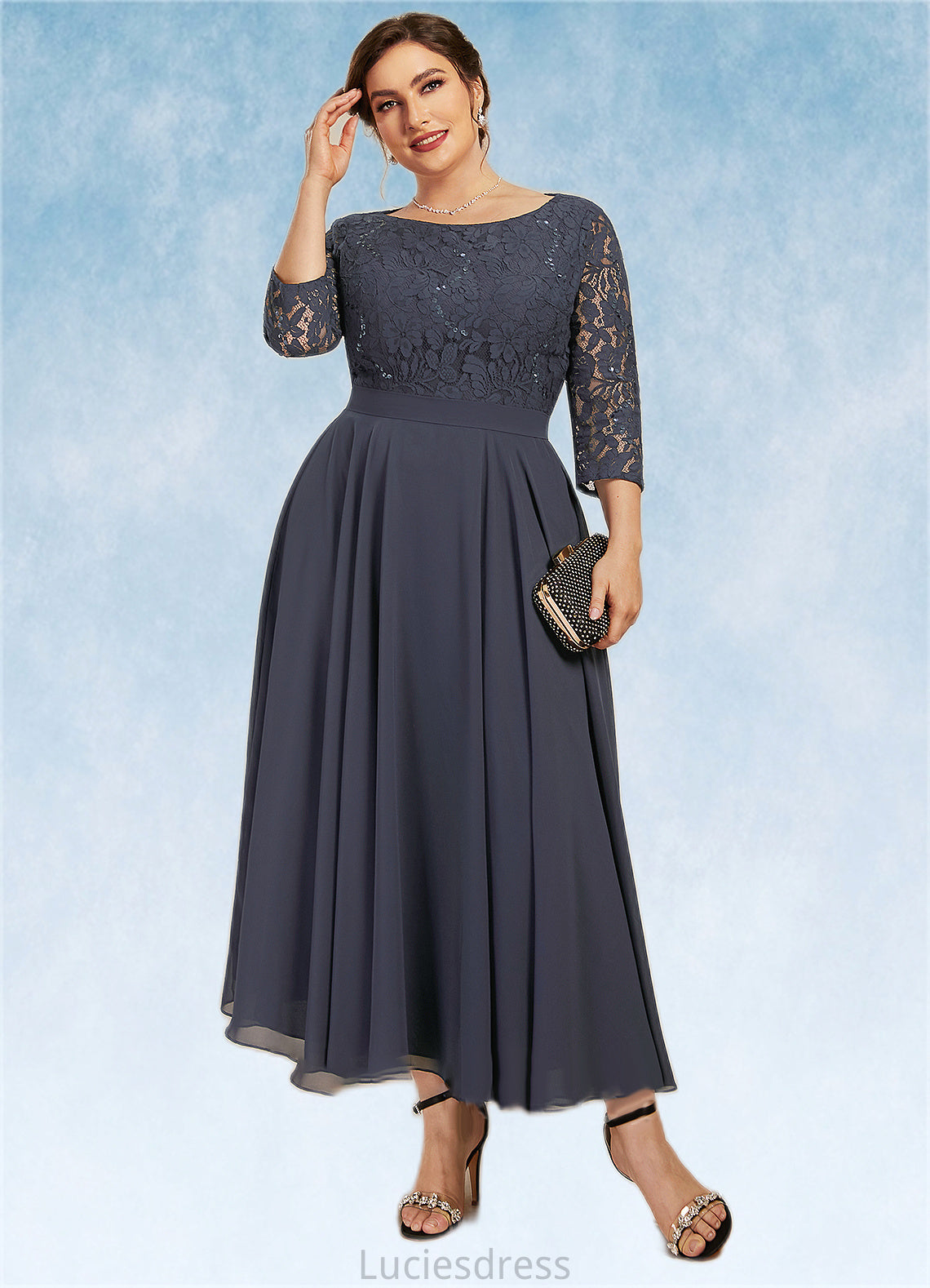 Violet A-Line Scoop Neck Tea-Length Chiffon Lace Mother of the Bride Dress With Sequins HF126P0014621