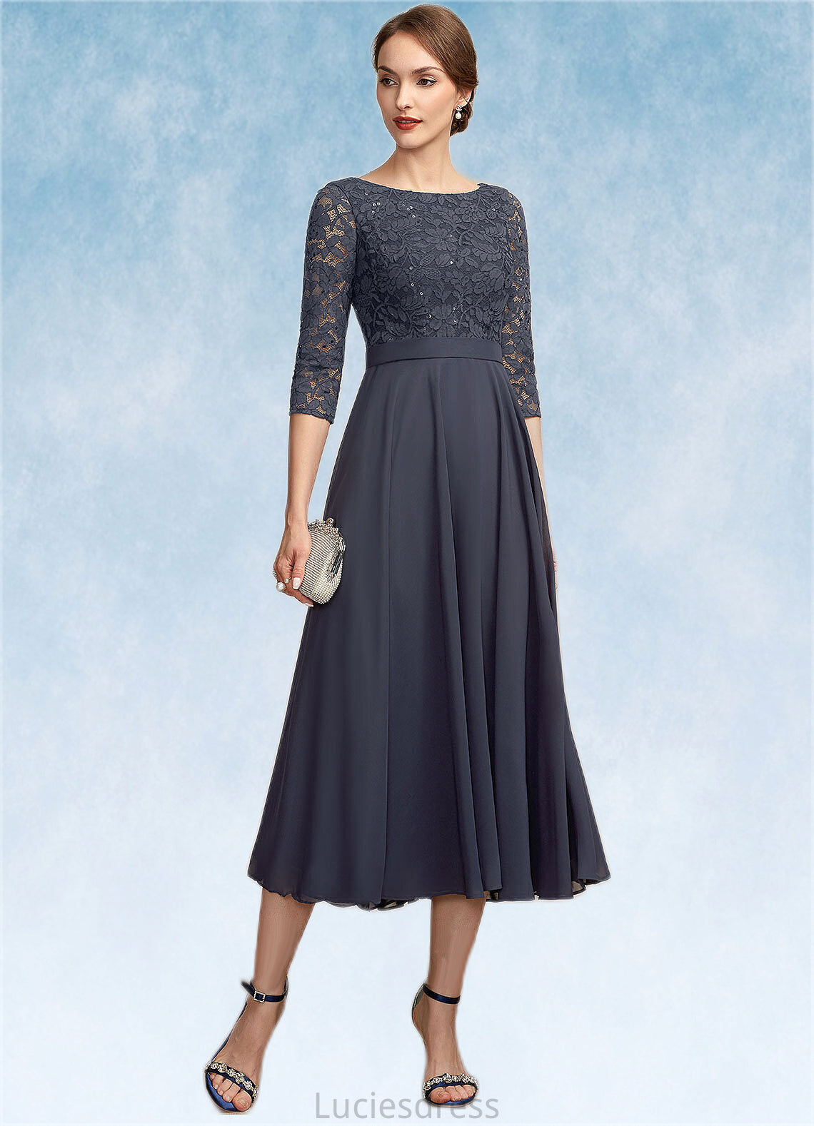 Violet A-Line Scoop Neck Tea-Length Chiffon Lace Mother of the Bride Dress With Sequins HF126P0014621