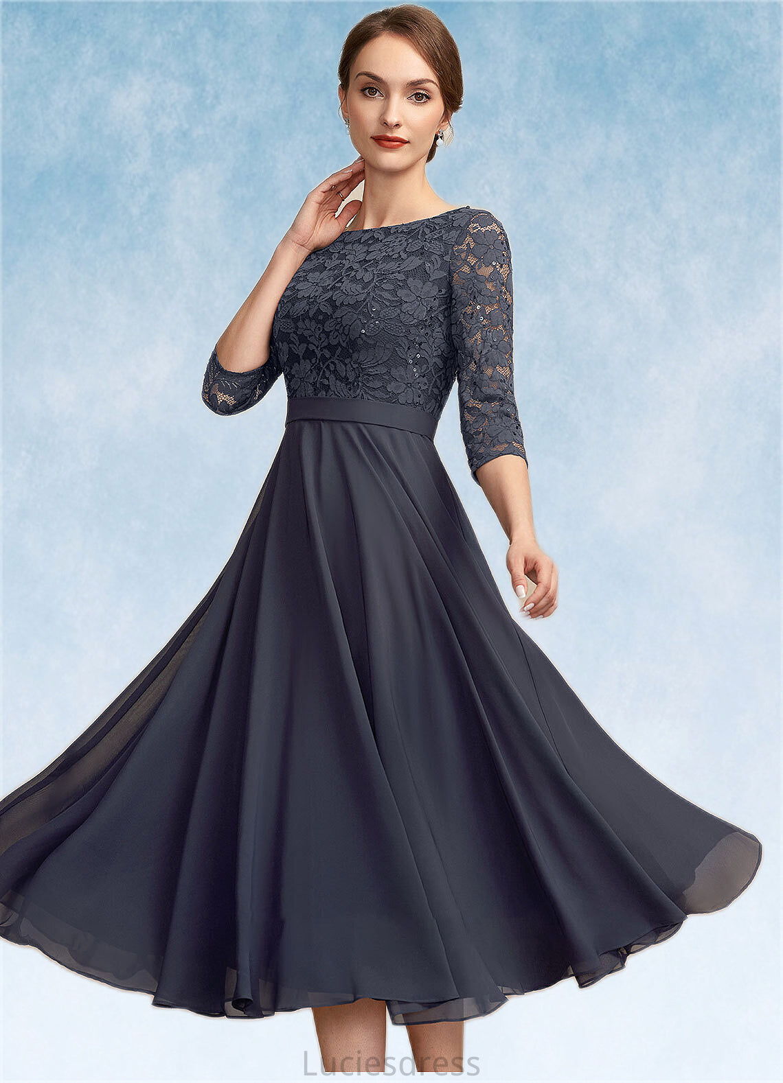 Violet A-Line Scoop Neck Tea-Length Chiffon Lace Mother of the Bride Dress With Sequins HF126P0014621