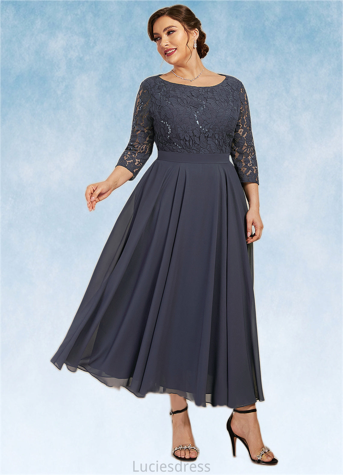 Violet A-Line Scoop Neck Tea-Length Chiffon Lace Mother of the Bride Dress With Sequins HF126P0014621