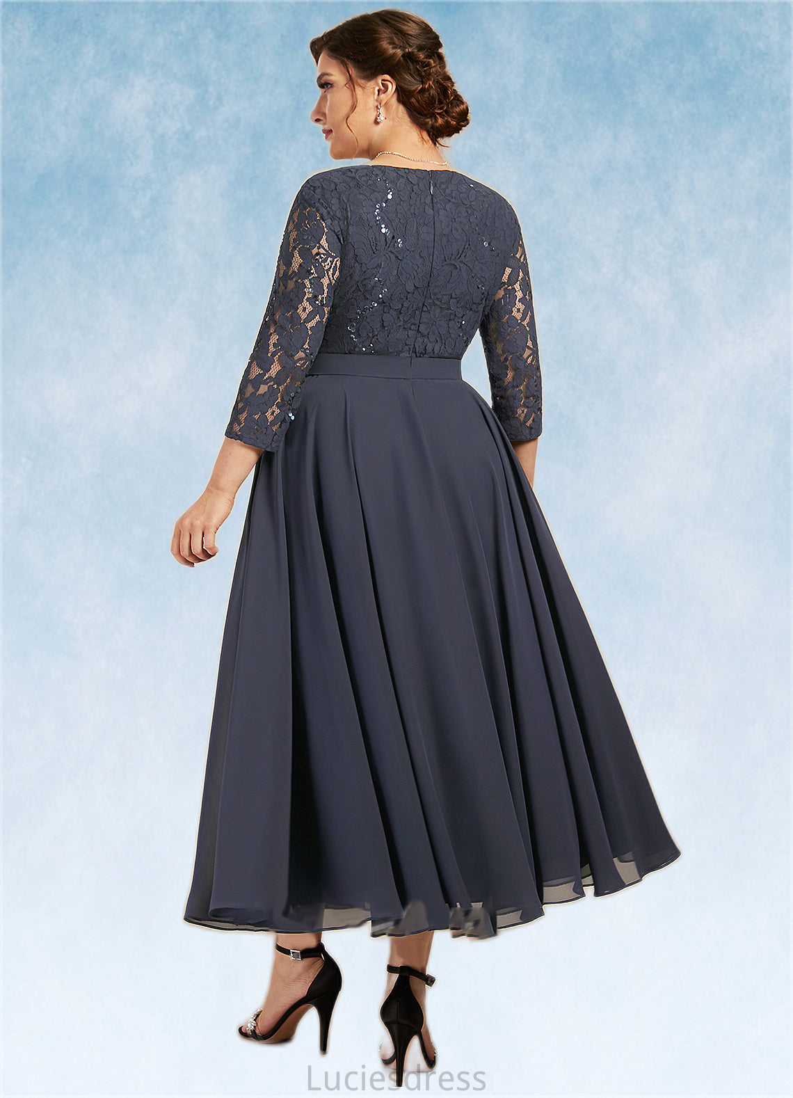 Violet A-Line Scoop Neck Tea-Length Chiffon Lace Mother of the Bride Dress With Sequins HF126P0014621